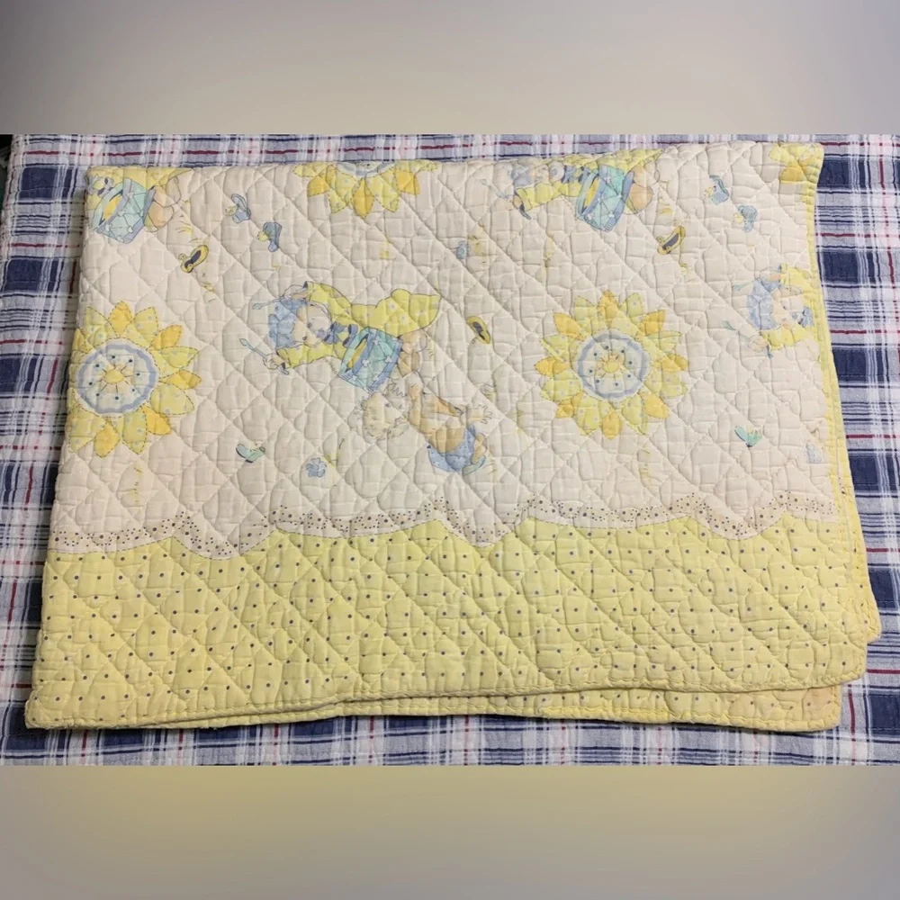 Vintage Baby Blanket Quilted Drummer Boy Sunshine Yellow Blue MCM